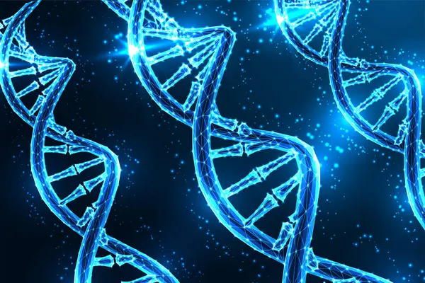 Koyu mavi arka planda soyut DNA iplikleri. Genetik araştırma, yenilik, düşük çokgen stilinde parlayan fütüristik bilimsel keşif kavramı. Modern soyut tasarım vektör çizimi.