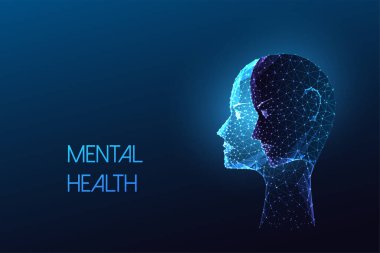 Mental health, self awareness, inner exploration futuristic concept with symbolic portrayal of inner struggles in glowing polygonal style on dark blue background. Abstract design vector illustration clipart