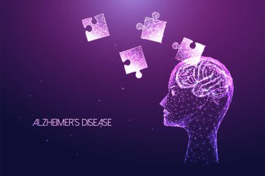 Alzheimers disease futuristic concept with human head and brain, puzzle pieces falling in against dark purple background.Glowing low polygonal style. Modern abstract design vector illustration. clipart
