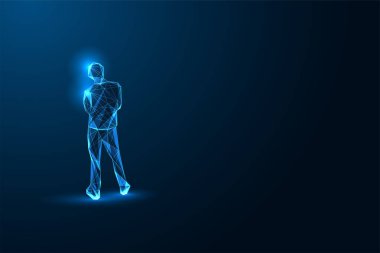 Erkek silueti eğik kafalı, elleri bir arada koyu mavi arka planda duruyor. Düşünce, yalnızlık, fütüristik konsept. Parlak çokgen tarzı. Modern soyut vektör çizimi.