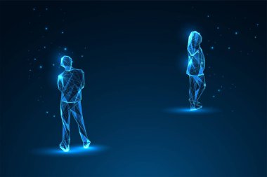 Couple conflict, separation, divorce futuristic concept with man and woman silhouettes moving apart on dark blue background. Glowing low polygonal style. Abstract modern design vector illustration. clipart