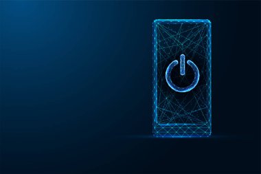 Koyu mavi arka planda güç düğmesi konsept görüntüsü olan soyut akıllı telefon. Tasarım gelişmiş teknolojiyi ve dijital yeniliği vurguluyor. Parlayan düşük çokgen modern vektör çizimi.