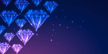 Elmas resim afişi, lüks ve zarafeti ön plana çıkaran koyu maviden mor arka plana parlak mücevherler içeriyor. Tasarım berraklığı, zekayı ve entelektüelliği vurguluyor. Vektör illüstrasyonu