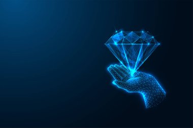 İş dünyası, koyu mavi arka planda elması tutan soyut kavramlara değer verir. Şirket ahlakı, liderlik, kalite ve kurumsal mükemmellik. Parlayan düşük çokgen tasarım vektörü çizimi.