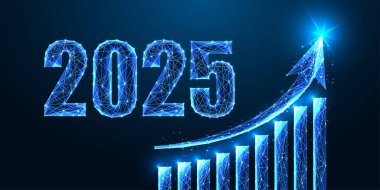 İnovasyon, iş başarısı, 2025 yılındaki modern veri analizi 2025 basamaklı gelecekçi konsept ve koyu mavi arka plandaki büyüme eğilimi grafiği. Parıldayan düşük çokgen vektör çizimi.