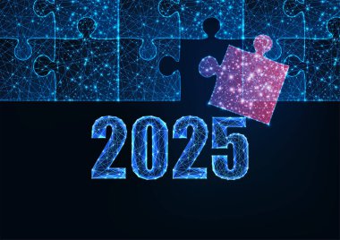 2025 Yeni Yıl problem çözme, takım çalışması ve parlak 2025 haneli fütüristik çözümler kavramı ve koyu mavi arka planda yapboz parçaları. Modern tasarım. Parıldayan düşük çokgen vektör çizimi.