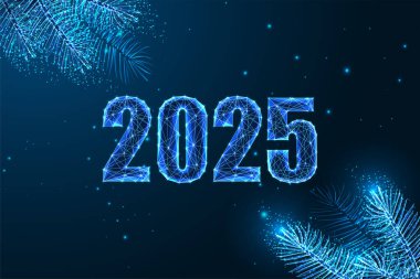 2025 New Year festive banner with glowing 2025 digits and Christmas tree branches on dark blue background. Modern elegant design, winter holiday theme. Glowing polygonal abstract vector illustration clipart