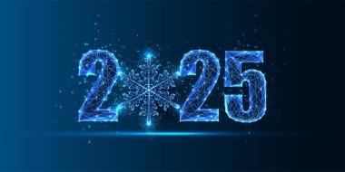 2025 yeni yıl konsepti. Parlayan 2025 haneli ve koyu mavi arka planda kar tanesi sembollü. Kış şenliği tasarımı, modern kutlama ve zarif mevsimsel stil. Parlak soyut vektör çizimi