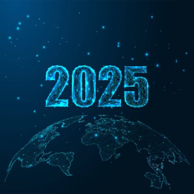 2025 Yeni Yıl. Koyu mavi arka planda 2025 rakam. Küresel vizyon, modern tasarım, fütüristik konsept, uluslararası bağlantı. Düşük çokgen soyut vektör çizimi