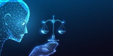 Yapay zeka robot kafası, koyu mavi arka planda teraziyi tutarken ele bakar. Yapay zeka kavramında etik karar verme, adalet ve denge. Düşük çokgen soyut vektör çizimi