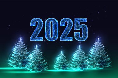 2025 yılbaşı web pankartı, parlak parmaklar ve koyu mavi arka planda neşeli Noel ağaçları. Kış tatili, mevsimlik kutlama, şenlikli tasarım konsepti. Çokgen soyut vektör çizimi