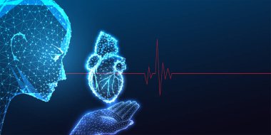 Koyu mavi arka planda anatomik insan kalbi tutan robot kafalı yapay zeka sağlık yeniliği kavramı. Tıbbi yapay zeka, sağlık teknisyeni ve kardiyoloji çözümlerinde gelişmeler. Parlak vektör illüstrasyonu