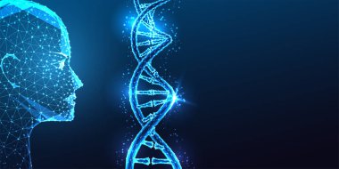 Yapay zeka genetiği ve biyoteknoloji konsepti ile yapay zeka robotik kafa koyu mavi arka planda DNA ipliğini inceliyor. Genomik, biyomühendislik, sağlık hizmetleri yapay zekasında yenilik. Parlak çokgen vektör çizimi.