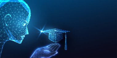 Koyu mavi arka planda mezuniyet şapkası tutan fütürist yapay zeka ile eğitim teknolojisinin bütünleşmesi. Yenilik, dijital öğrenme gelişmeleri. Çokgen soyut vektör çizimi