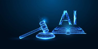 AI legislation concept with open book, gavel, and AI letters on dark blue background. Governance, regulation, and ethical frameworks in technology. Glowing low polygonal abstract vector illustration. clipart