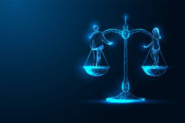 Parlayan dijital ölçekli cinsiyet eşitliği kavramı koyu mavi arka planda kadın ve erkeği dengeliyor. Adalet, adalet ve eşitlik. Gelecekçi düşük çokgen tarzı. Modern soyut vektör çizimi.