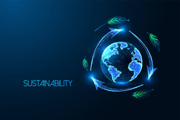 Sustainability concept featuring glowing globe, arrows, and green leaves on dark blue background. Environmental protection, renewable energy. Glowing low polygonal abstract vector illustration.