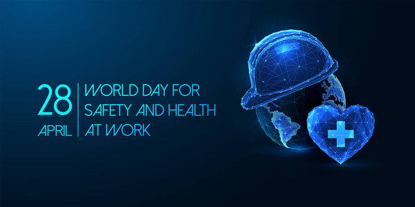 World Day for Safety and Health at Work concept with glowing construction helmet, Earth, and heart with medical cross symbol on dark blue background. Workplace health protection. Vector illustration.