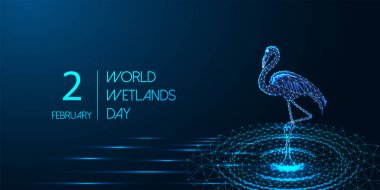 World Wetlands Day concept with glowing flamingo standing in water on dark blue background. Conservation, biodiversity, ecosystem protection. Environmental awareness web banner. Vector illustration. clipart