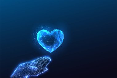 Aşk, şefkat, şefkat, parlayan el kavramı karanlık arka planda çokgen mavi kalp verir. Sevgililer günü modern dijital web afişi. Organ bağışları. Modern soyut vektör çizimi.