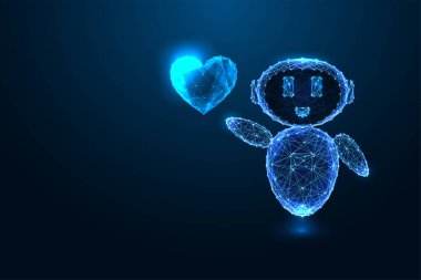 Lacivert arka planda parlayan kalbi tutan soyut bir sohbet robotu. Yapay güç bağlantısı, nezaket ve yenilikçi fütürist dijital konsept. Parlayan düşük çokgen soyut vektör çizimi