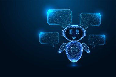 Yapay zeka iletişimi, otomasyon, parlayan sohbet robotu ve çoklu konuşma baloncukları ile sanal yardım kavramı. Koyu mavi arka planda soyut kablo tasarımı. Fütürist soyut vektör çizimi