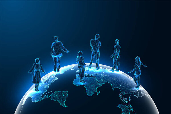 Глобальное сетевое взаимодействие, сотрудничество и международная бизнес-концепция с людьми профессионалами, стоящими на злорадствующей Земле. Дизайн абстрактной проволоки на синем фоне. Футуристическая векторная иллюстрация