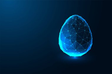 Fütürist parlak yumurta koyu mavi arka planda soyut bir kablo tasarımı ile oluşturuldu. Yeni başlangıçlar, büyüme ve potansiyel soyut kavram. Paskalya web afişi. Düşük çokgen vektör çizimi