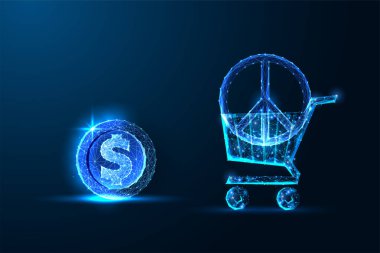 Etik alışveriş ve barış ekonomisi kavramı. Dijital doların yanında barış sembolü olan çokgen alışveriş arabası. Sürdürülebilir ticaret, adil ticaret, sorumlu tüketim. Gelecekçi Vektör tasarımı.