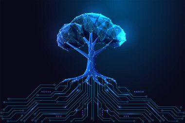 Koyu mavi arka planda devre kartı kökleri olan dijital ağaç. Sürdürülebilirlik, ESG stratejisi, ekolojik yenilik, yeşil teknoloji, dijital dönüşüm fütüristik kavram. Soyut kablo vektör iyonuName