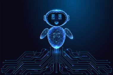 Geleceğin sanal asistanı, yapay zeka, dijital yardım sembolü. Gülümseyen yüzü ve koyu mavi renkli soyut devre arkaplanı olan çokgen bir sohbet robotu. Soyut vektör illüstrasyonu