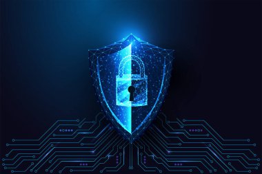 Parlayan dijital kalkan ve asma kilit ile siber güvenlik ve veri koruma kavramı koyu mavi arka planda devre kartına bağlı. Gelecekçi düşük poli biçimi, soyut vektör çizimi.