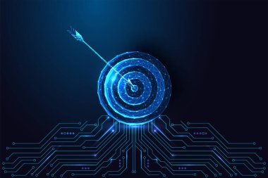 Zekice hedefleme ve yapay zeka iş stratejisi kavramı. Koyu mavi arka planda parlayan çokgen hedef ve okla çevrili. Gelecekçi düşük poli biçimi, soyut vektör çizimi.