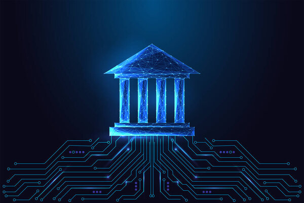 Digital governance and smart institution concept with glowing polygonal government building connected to circuit board on dark blue background. Futuristic low poly style, abstract vector illustration.