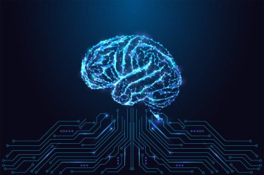 Yapay zeka ve sinirsel teknoloji kavramı. Koyu mavi arka planda parlayan dijital beyin devre kartına bağlı. Gelecekçi düşük poli biçimi, soyut vektör çizimi.