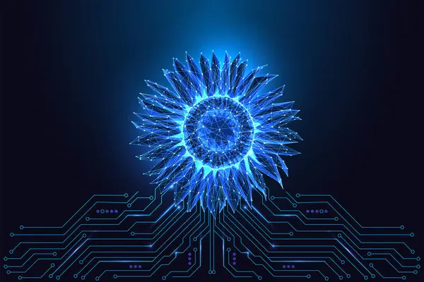 Yenilenebilir enerji ve ekolojik yenilik kavramı. Karanlık arka planda parlayan çokgen ayçiçeği filizlenmesi. Gelecekçi düşük poli biçimi, soyut vektör çizimi.