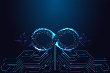 Çevik geliştirme ve DevOps konsepti devre kartı arka planında parlayan çokgen sonsuzluk döngüsü. Fütürist düşük poli biçimi, dijital süreç ve teknoloji için soyut vektör çizimi.
