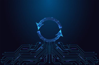 Yapay zeka otomasyonu, yenilenme döngüsü, akıllı sistem konsepti. Koyu mavi arka planda dairesel oklar ve devre kartı. Düşük polimer ağ teknolojisiyle parlak gelecekçi vektör çizimi. Akıllı güncelleme