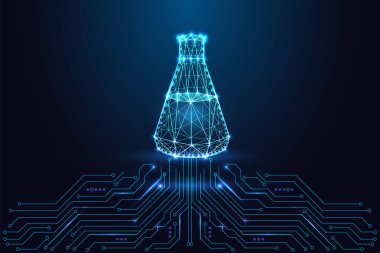 Koyu mavi arka planda parlayan kablo şeklinde bir devre kartının üzerinde dijital bir matara. Bilimsel yeniliğin, biyoteknolojinin ve dijital araştırmanın sembolü. Vektör illüstrasyonu.