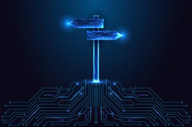 Karar verme, yapay zeka etiği, akıllı şehir navigasyonu ve dijital yön kavramı. Koyu mavi arka planda bir devre kartının üzerinde iki yönlü parlayan işaret levhası. Gelecekçi vektör tasarımı.