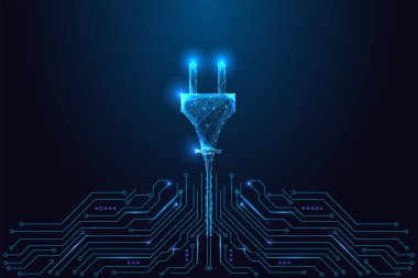 Koyu mavi arka planda, devre kartından büyüyen elektrik prizi olan temiz enerji kavramı. Yeşil elektriğin, yenilenebilir enerjinin ve sürdürülebilir teknolojinin sembolü. Düşük poli vektör çizimi.