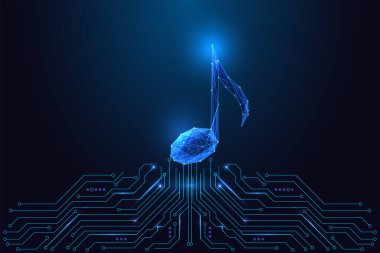 Koyu mavi arka plandaki devre kartında parlayan dijital nota ile görselleştirilmiş yapay zeka müzik ve ses yeniliği. Müzik teknisyeni, ses sentezi ve akıllı eğlence konsepti. Vektör illüstrasyonu