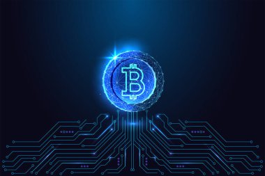 Bitcoin şifreleme ve engelleme teknolojisi. Koyu mavi arka plandaki devre kartında dijital para kripto finans, finansman ve merkezi olmayan teknolojinin sembolü. Vektör illüstrasyonu.