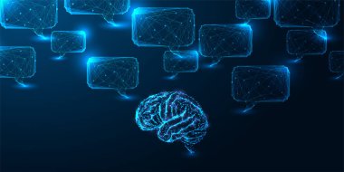 Parlayan çokgen beyin ve dijital konuşma baloncuklarıyla yapay zeka ve sinirsel iletişim konsepti. Koyu mavi teknoloji arka planında gelecekçi düşük poli kablo vektör çizimi.