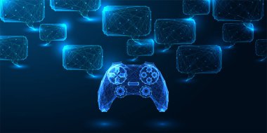 Modern gaming and online entertainment communication concept with glowing polygonal gamepad and speech bubbles. Futuristic wireframe vector illustration on dark blue tech background.