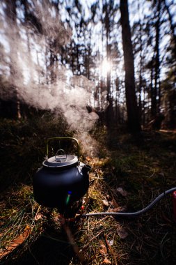 Yeşil saplı metal bir çaydanlık, güneşli bir ormanda taşınabilir bir sobada ısınırken buhar salıyor ve sıcak bir açık hava ortamı yaratıyor..