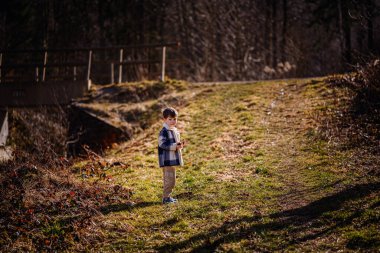 Mavi ekose ceketli genç bir çocuk kırsal ve ağaçlık bir alanda çakıllı bir yolda düşünceli bir şekilde yürüyor..