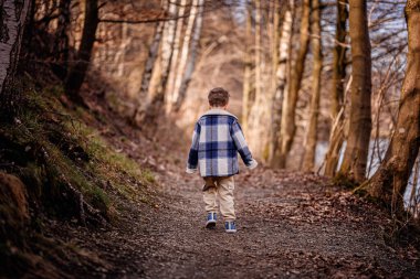 Ekose ceketli gülümseyen bir çocuk güneşli bir günde manzaralı bir orman yolunda koşar..