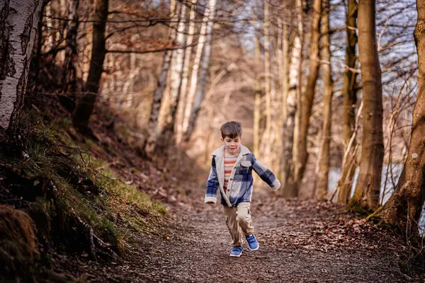 Ekose ceketli gülümseyen bir çocuk güneşli bir günde manzaralı bir orman yolunda koşar..