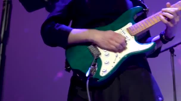 Closeup Rockstar Stage Playing Electro Guitar Male Guitarist White Shirt — Stock Video